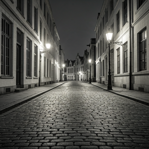 Atmospheric cobblestone street in Brussels at dusk