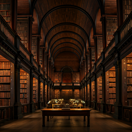 Historic library interior with tall shelves and warm light